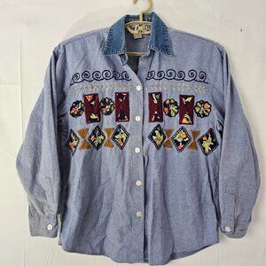 Jane Ashley Button Up Shirt Womens Medium Blue Denim Embroidered Cotton Y2K